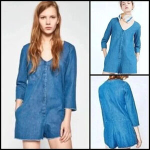 Zara Denim 3/4 Sleeve Playsuit\Romper Raw Hem/Wrist Pockets Y2K Retro Size L